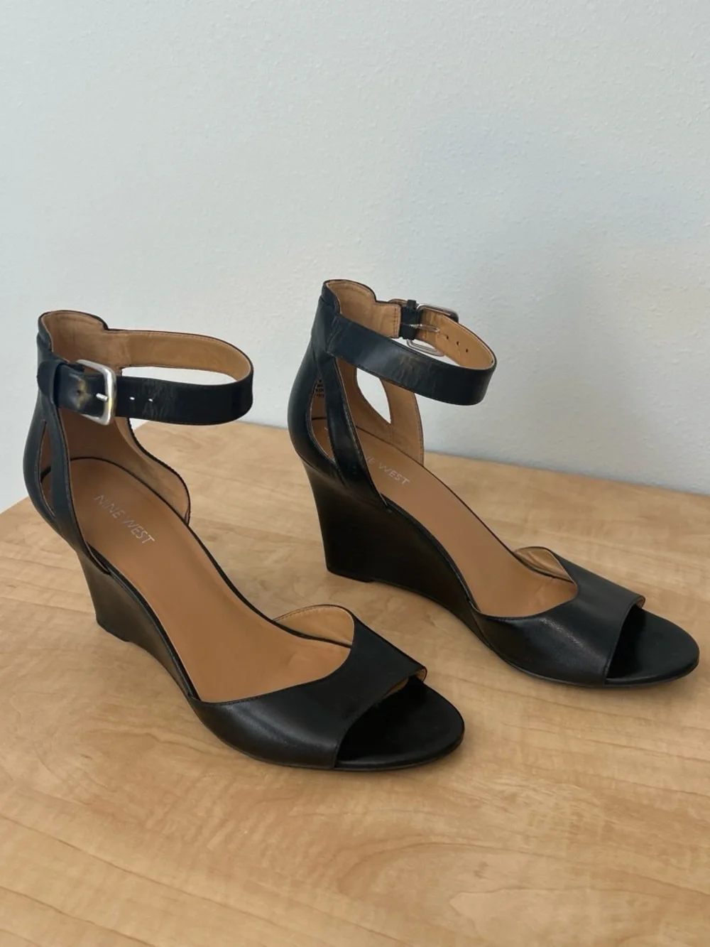 Nine West Black Leather Ankle-Strap Wedge Sandals